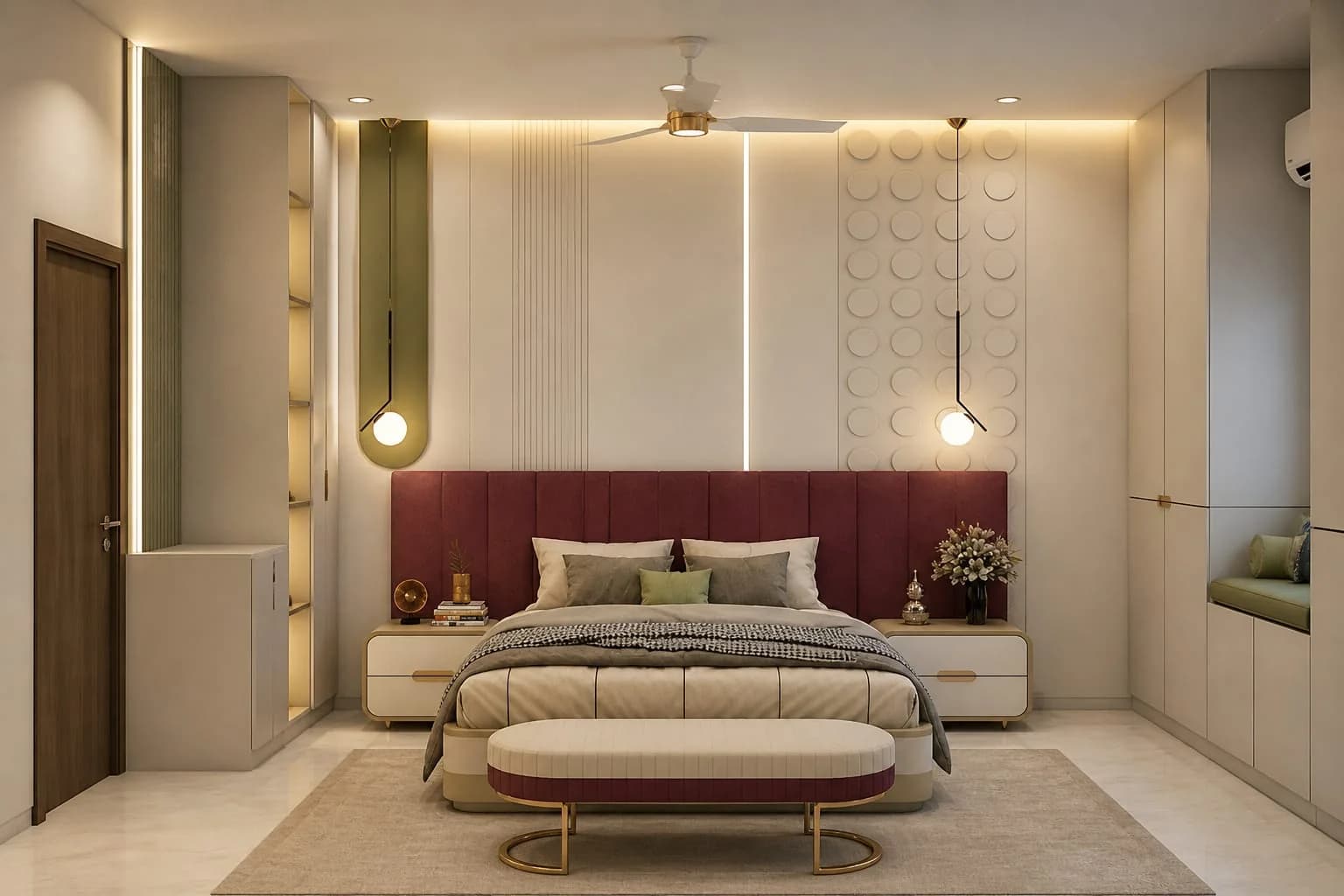 Project 21 DR bedroom with a burgundy headboard, brass accents and a curved bench